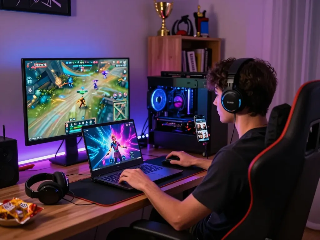 Gamer immersed in 789P GG gameplay, showcasing vibrant graphics and a cozy setup.