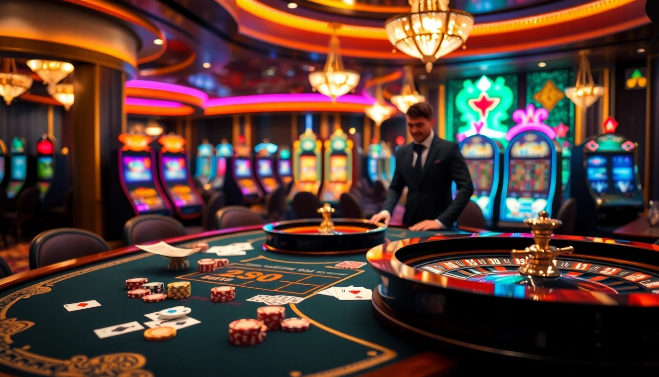 Experience thrilling gameplay at 23win casino with vibrant tables, chips, and an engaging dealer.