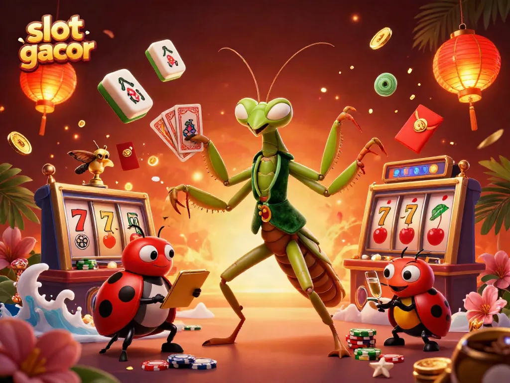 Visualisasi slot gacor dengan karakter unik dan simbol perjudian yang menarik, menambah eksitement bermain.