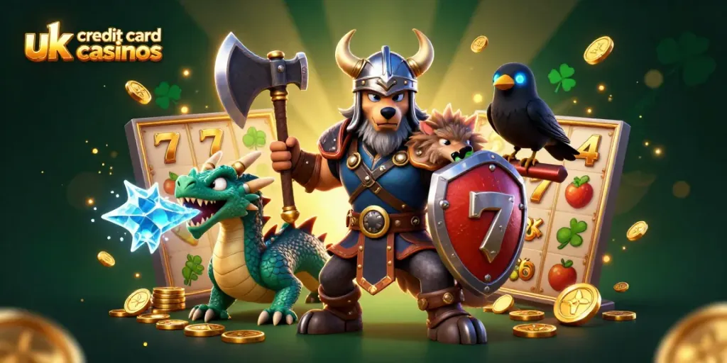 Join the action at uk credit card casinos with vibrant 3D Viking, dragon, and raven, surrounded by slot games and golden coins.