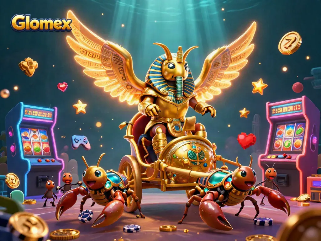 Glomex showcases a dynamic scene of slot gaming with colossal characters and colorful casino elements.