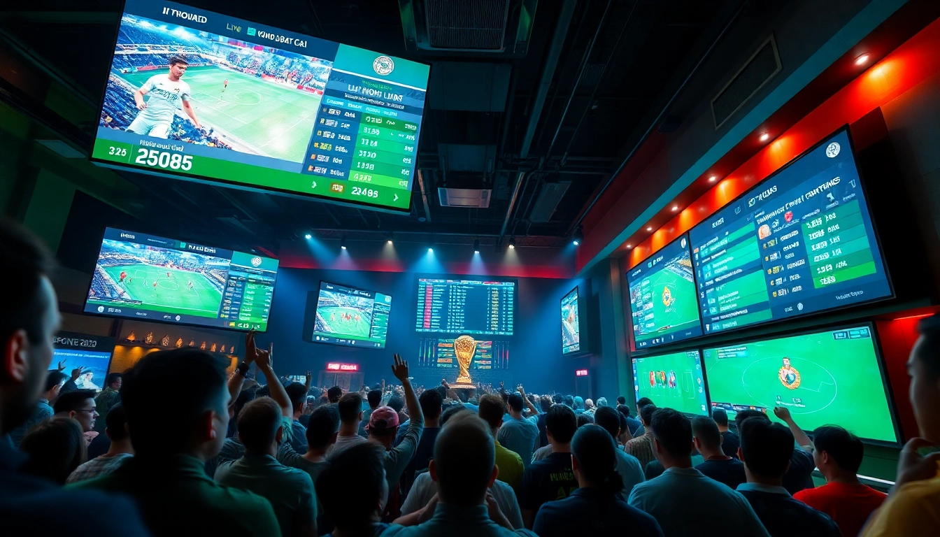 Exciting kèo nhà cái scene showing live betting odds in a sports bar atmosphere.