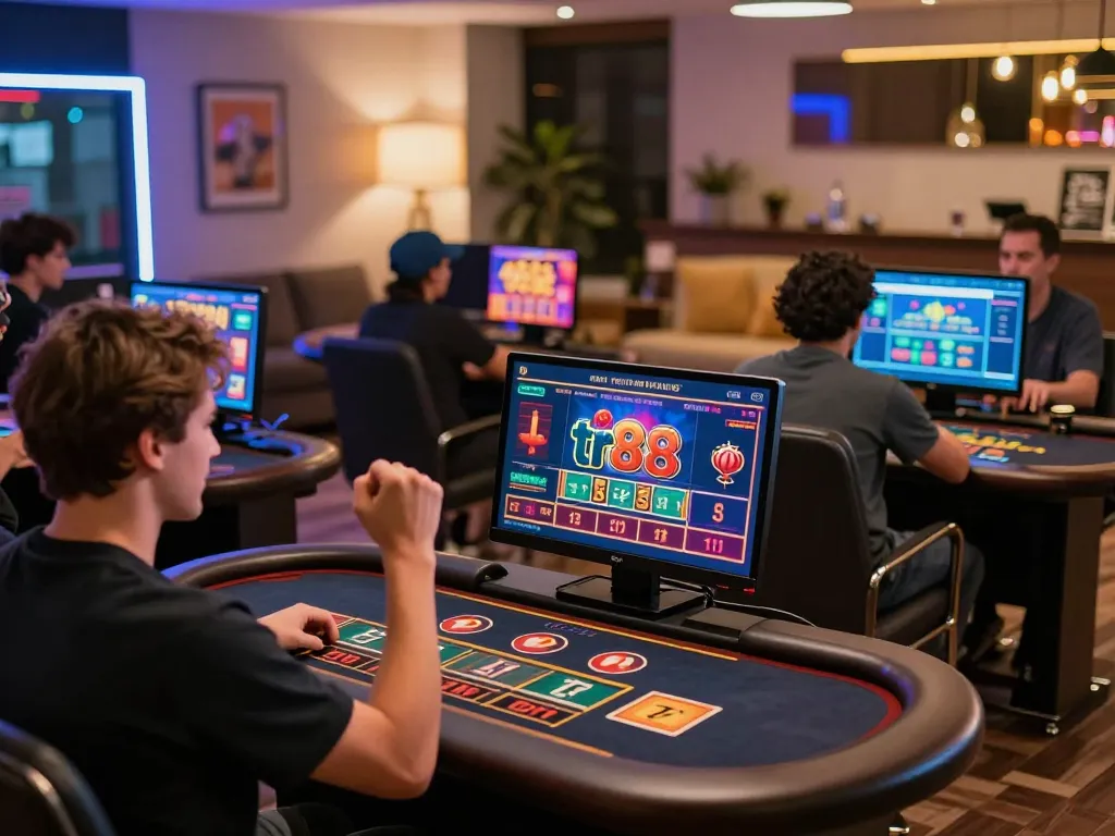 Engaged players using app tr88 for online gaming in a lively casino environment.