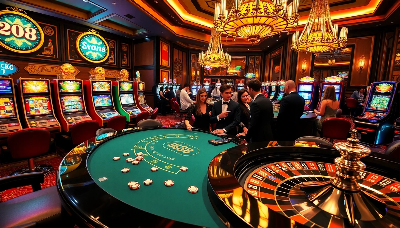 Luxury casino scene with NK88 branding, players at blackjack table, and colorful slot machines.
