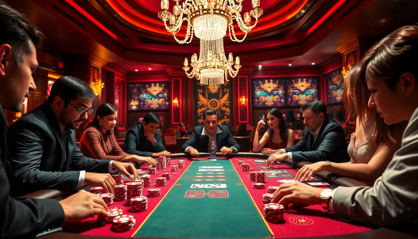 High-stakes players engrossed at the J88 poker table, surrounded by vibrant chips and elegance.