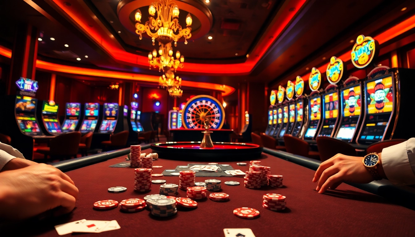 Hitclub9 players enjoying a thrilling game at a vibrant casino table with colorful poker chips.