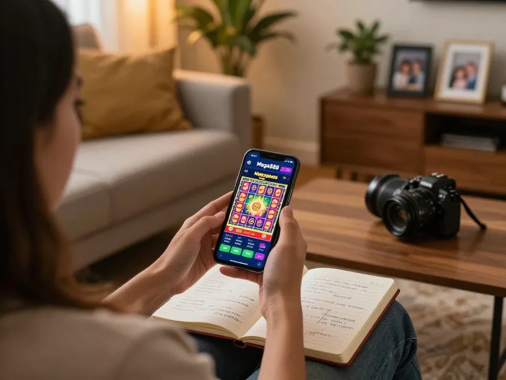 Engaging in Mega888 gameplay with strategic notes at home, featuring a cozy and responsible gaming atmosphere.