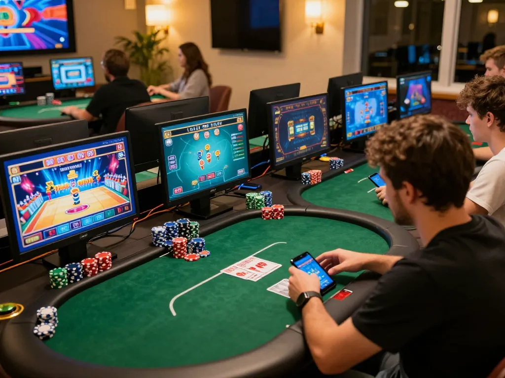 SC88 online players engaging in poker with vibrant casino atmosphere and colorful chips