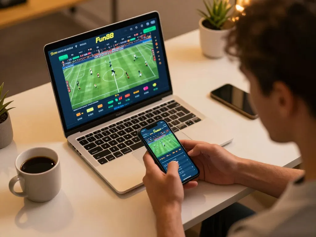 Betting on Fun88 with smartphone and laptop during an exciting sports event from home.