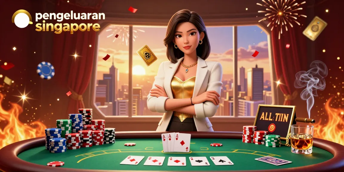 Track the latest pengeluaran singapore with a glamorous poker scene featuring a confident Asian woman.