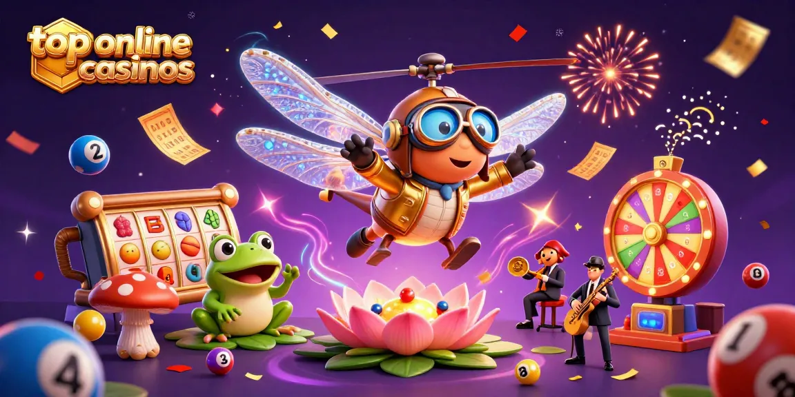 Experience top online casinos with a vibrant 3D scene of casino characters and festive game elements.