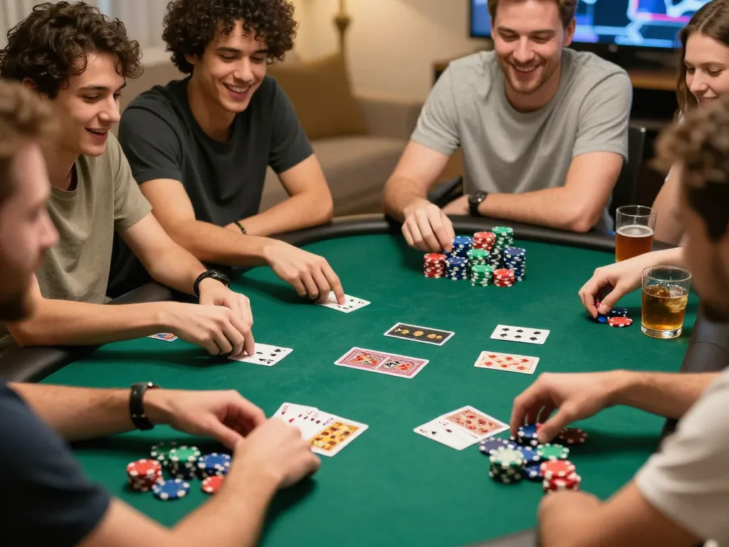 Engaged players enjoying a home poker game during a lively evening, highlighting du88 strategies and camaraderie.