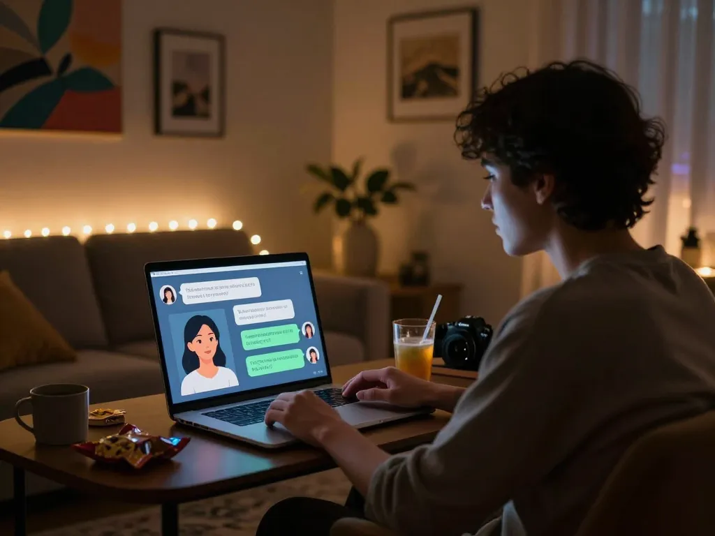 Engaging in porn AI chat with a digital companion in a cozy virtual setting.