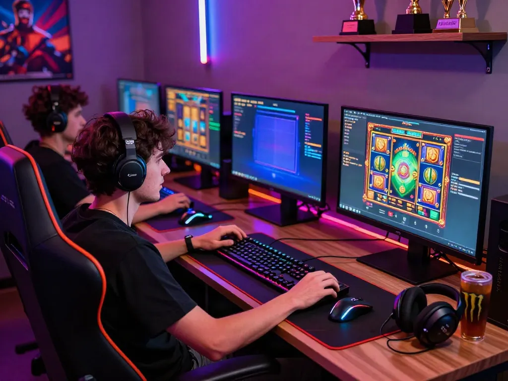 Engaged gamer using multiple monitors to play akunjp slot games in a vibrant, neon-lit room.
