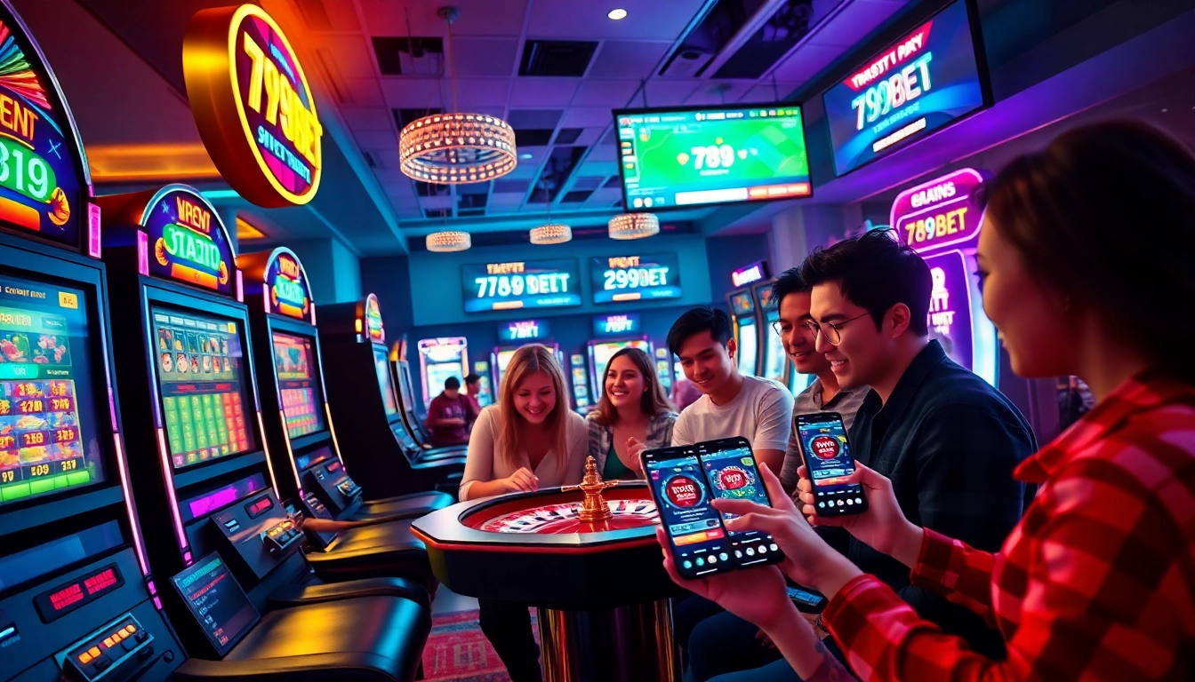 Engaging scene of friends enjoying online gambling at 789bet casino, showcasing excitement and vibrant games.