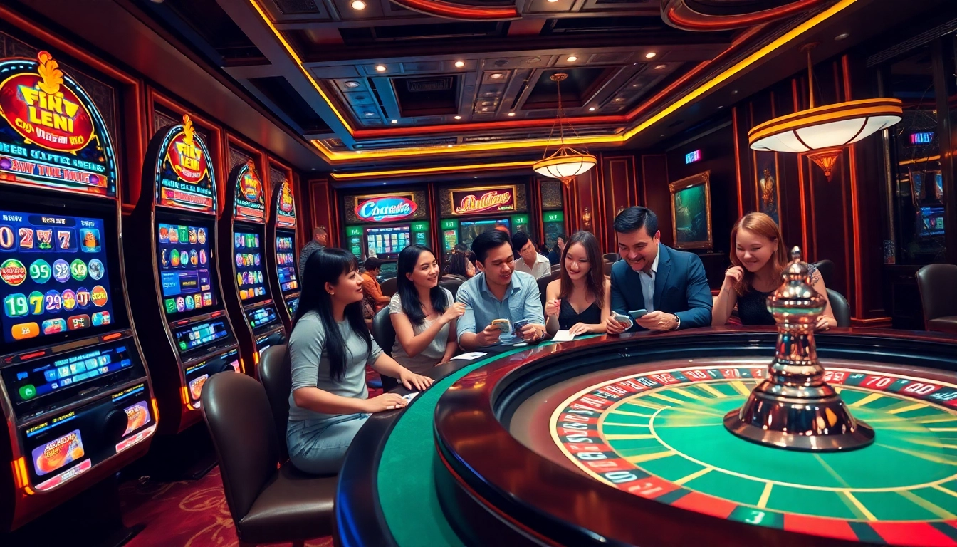 Lô Đề Trực Tuyến players enjoying a lavish casino atmosphere with vibrant slot machines and poker tables.
