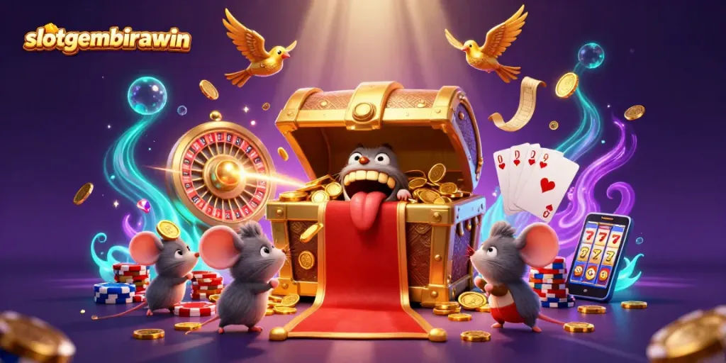 Experience thrilling adventures at slotgembirawin with rich treasures and exciting game elements in this vibrant illustration.