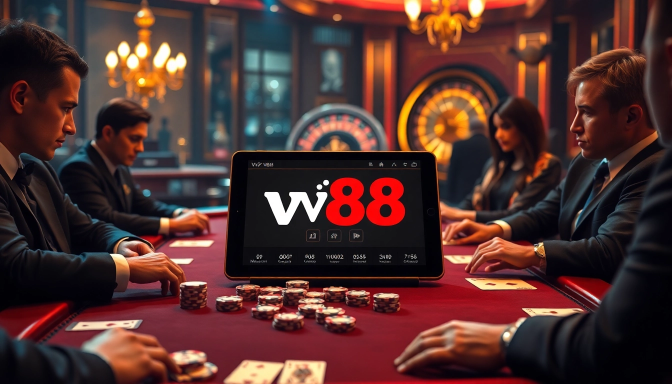 Players enjoying poker at a luxurious casino table, showcasing vn88 gaming excitement.