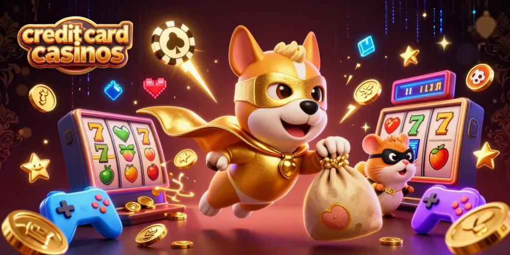 Engage with credit card casinos while enjoying a vibrant 3D scene featuring exciting game elements and whimsical characters.