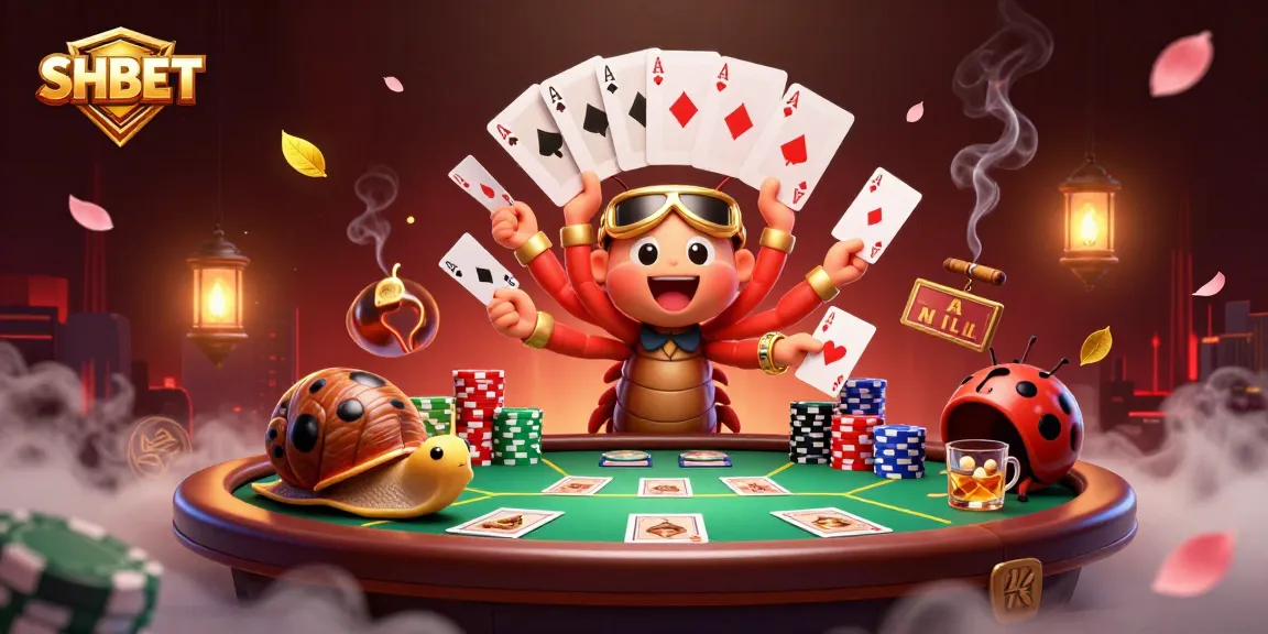 Experience SHBET's lively casino scene with animated characters and dynamic poker elements.