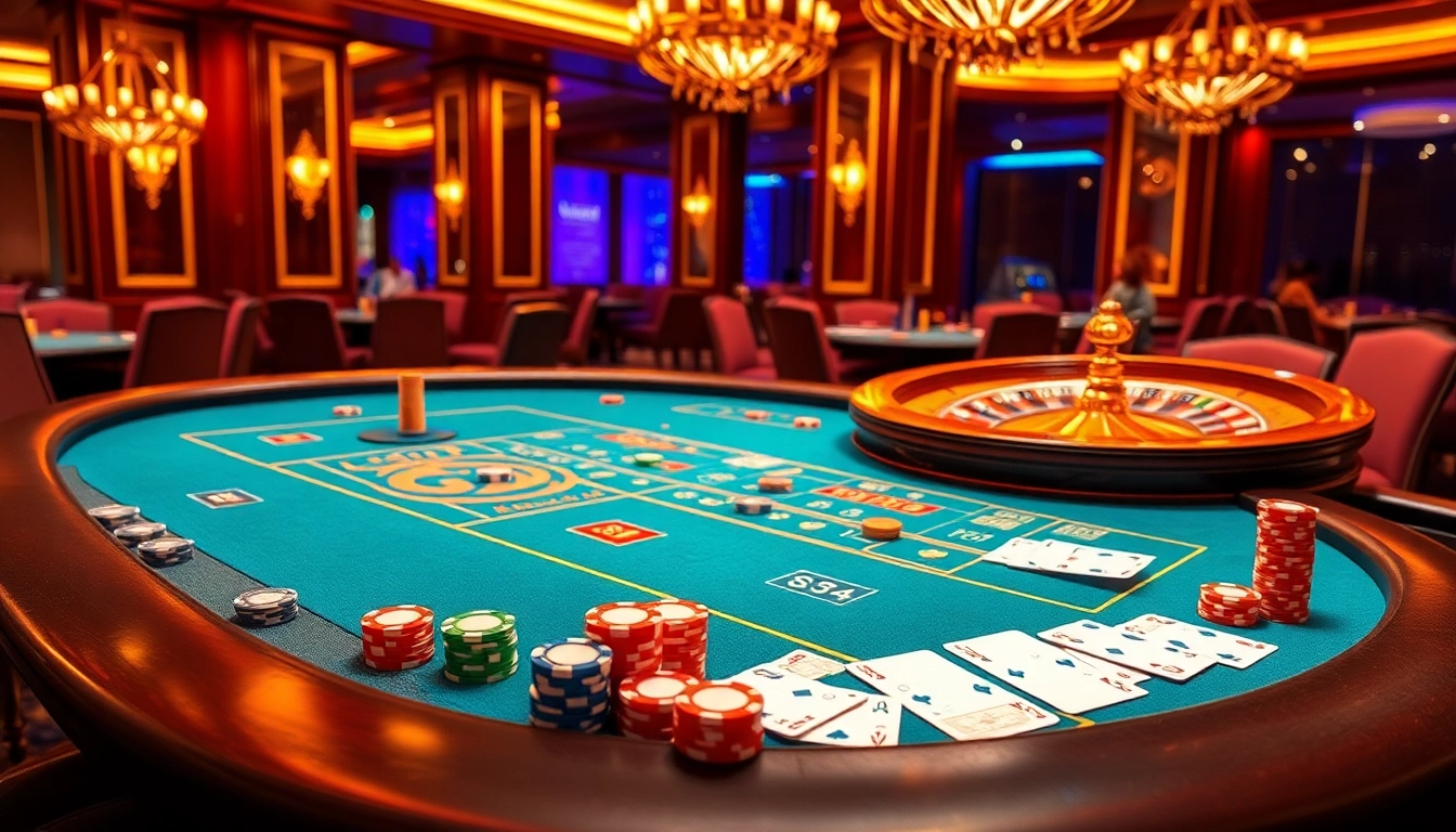 Exciting GO8-themed casino scene with vibrant gaming tables and players engaged in card games.
