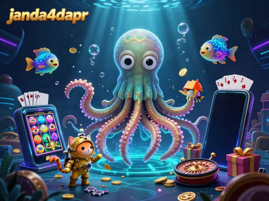 Menggali keseruan permainan di janda4dapr dengan ilustrasi 3D kraken dan perangkat permainan.