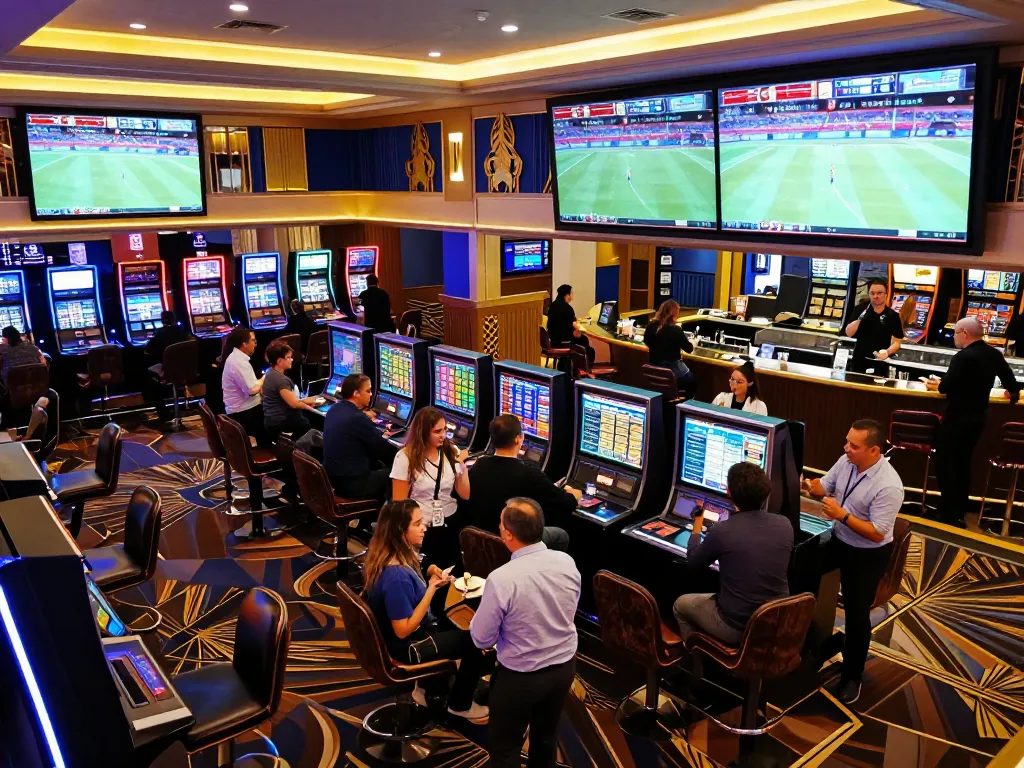 Engaged patrons placing bets on shbet during live sports events at a dynamic casino