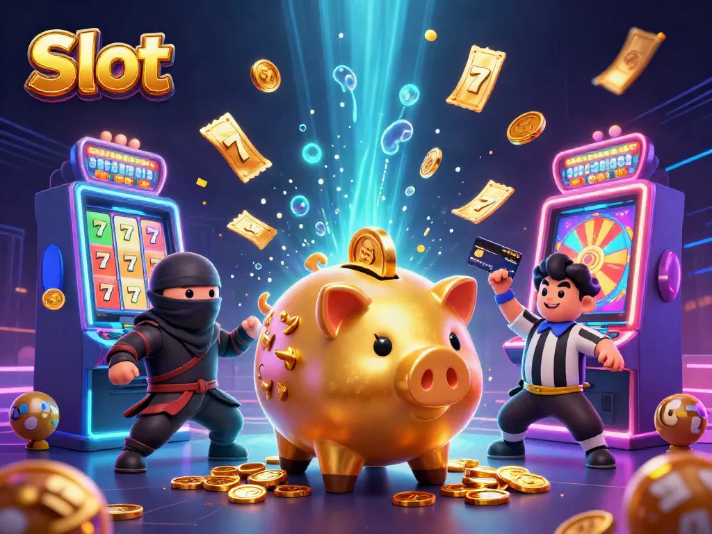 Pemain Slot mengguncang uang emas dalam permainan, dikelilingi simbol keberuntungan dan jackpot.