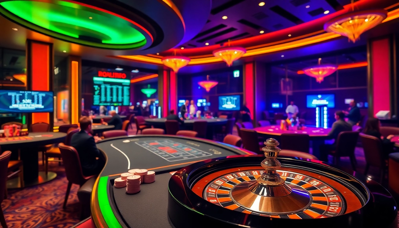 Experience the thrill of gambling at https://fo88.ltd/, showcasing vibrant poker tables and roulette wheels in a luxurious setting.