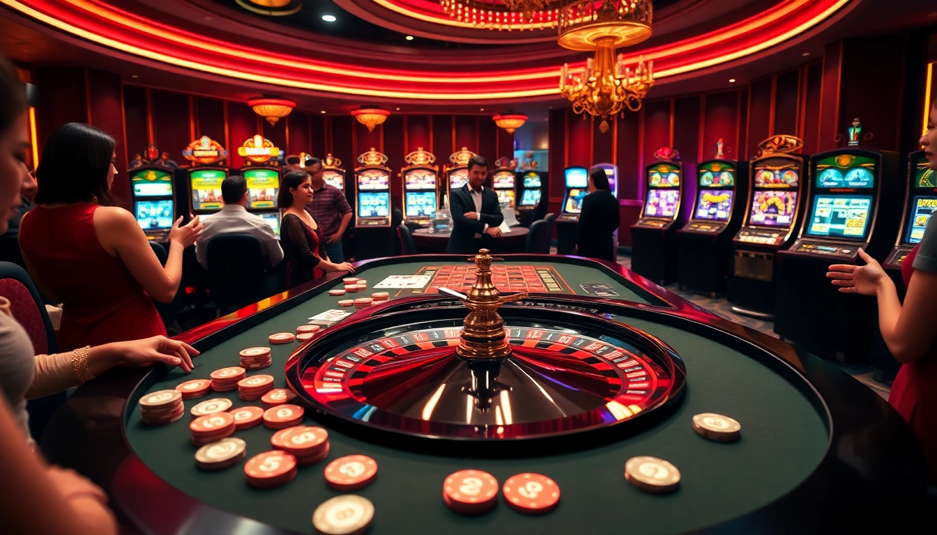 Exciting casino scene at uu88 with a roulette table, colorful chips, and lively players.