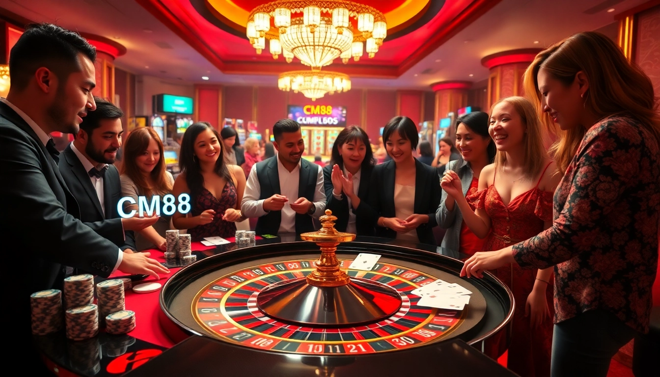 Engaged gamblers enjoying a vibrant CM88 roulette table scene at a luxurious casino.
