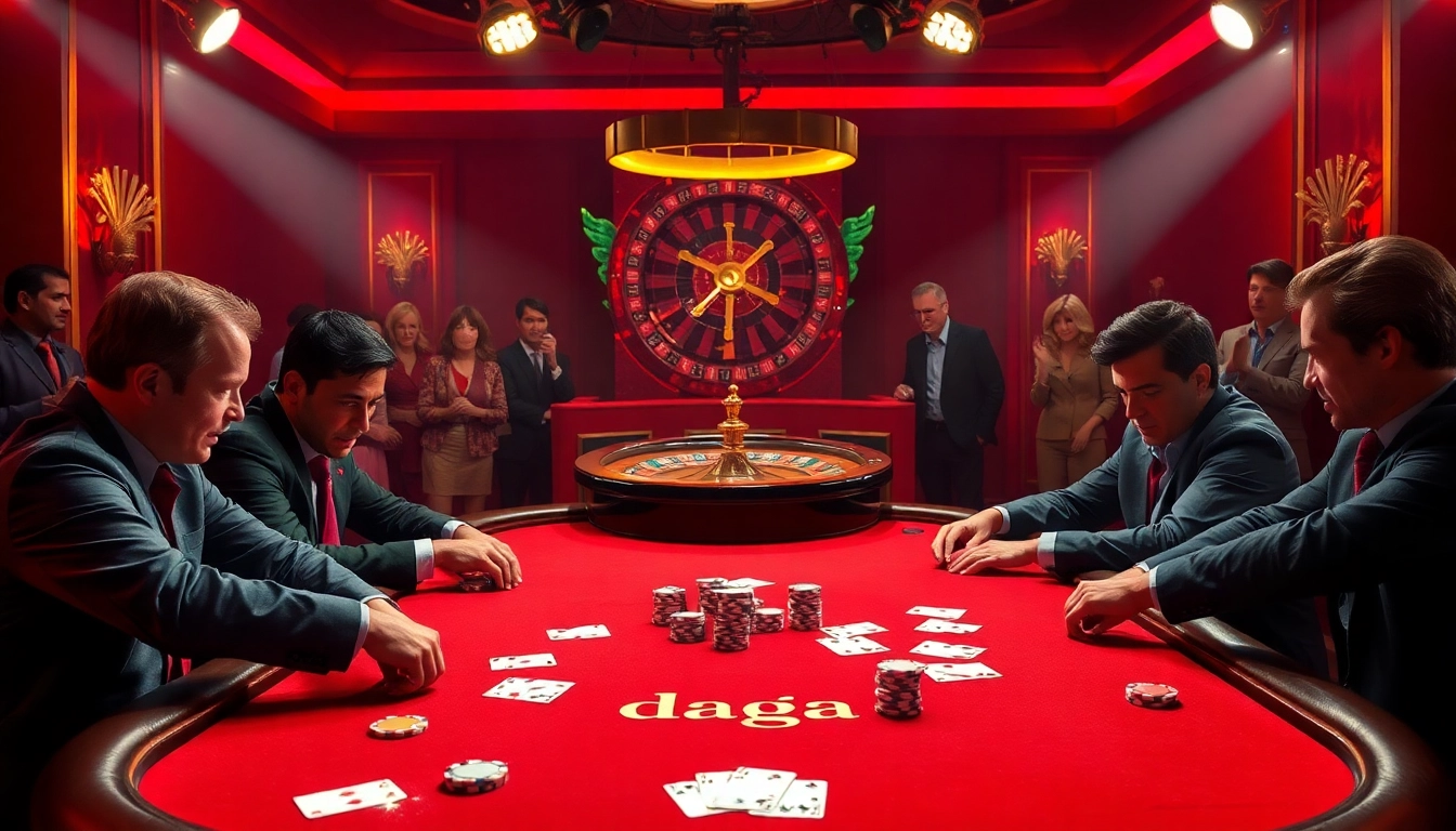 Daga poker table with professional players and exciting gameplay featuring chips and cards.
