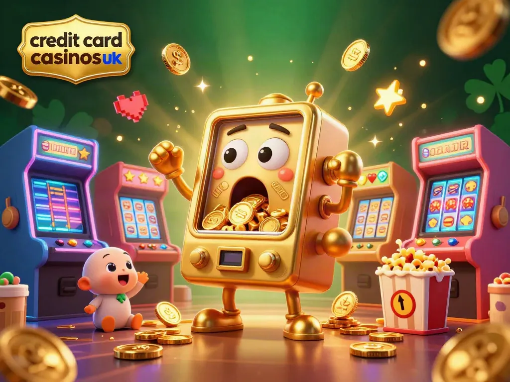 Celebrate winning at credit card casinos uk with an animated scene of a joyful slot machine jackpot.