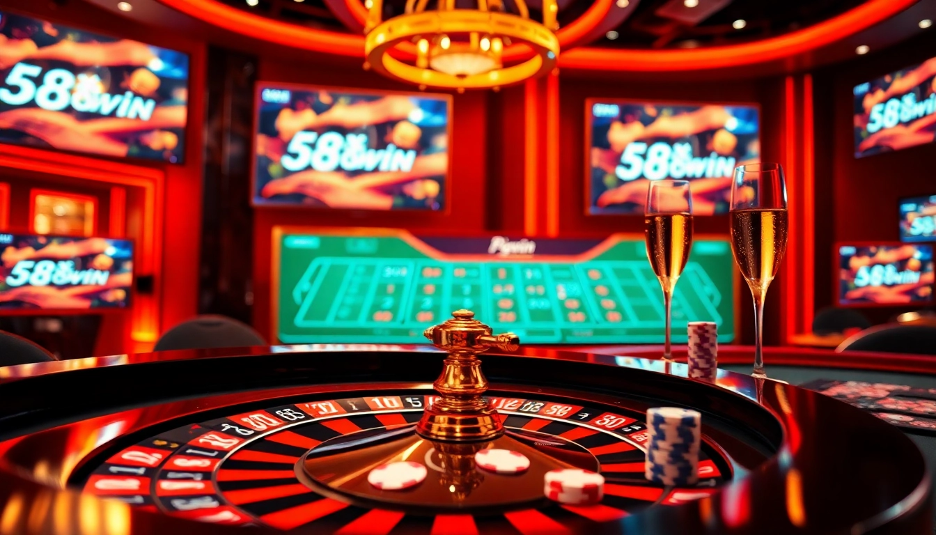 Experience the thrilling atmosphere of 58win with an online gambling table featuring poker chips and a roulette wheel.
