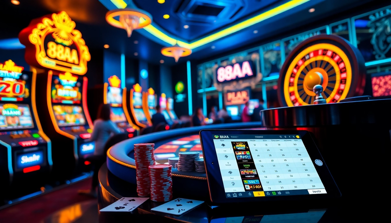 Experience the excitement of 88aa with vibrant slot machines and poker chips.