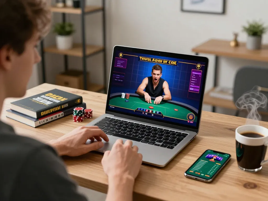 Player enjoying online poker on 777VIP at home, showcasing smart device and cozy setup.