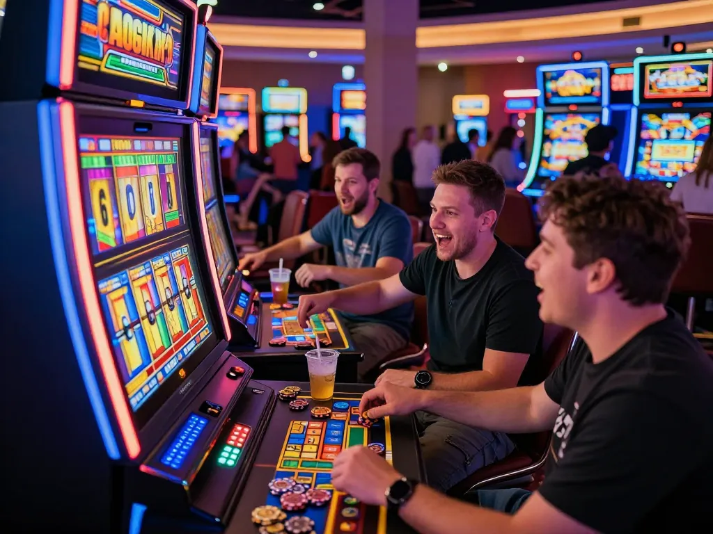 Players enjoying exciting moments at Lucky 88 slot machine in vibrant casino atmosphere.