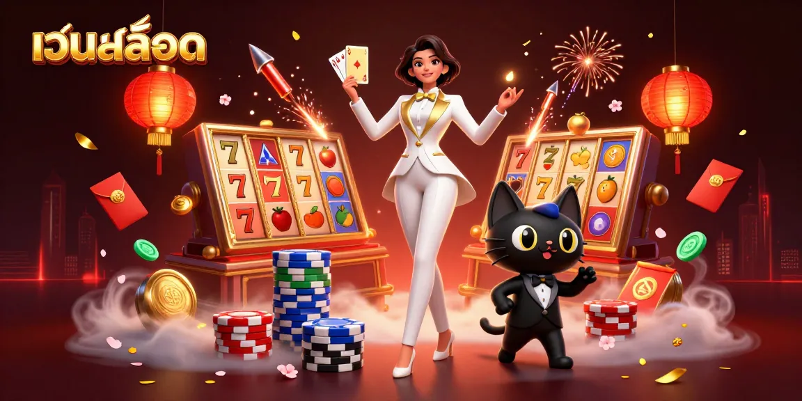 Engage with เว็บสล็อต as a glamorous dealer shuffles cards beside a charming cat and dynamic jackpots.