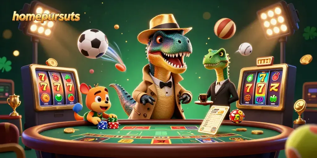 homepursuits menampilkan ilustrasi kasino 3D dengan velociraptor di meja blackjack sambil berhati-hati.