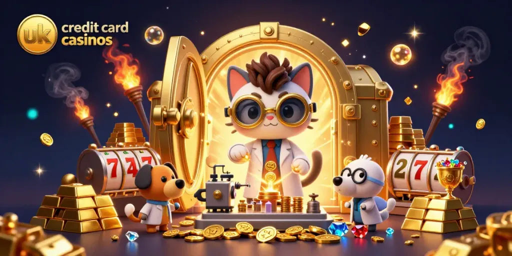 Join the excitement at uk credit card casinos with playful characters amidst gold and casino imagery.