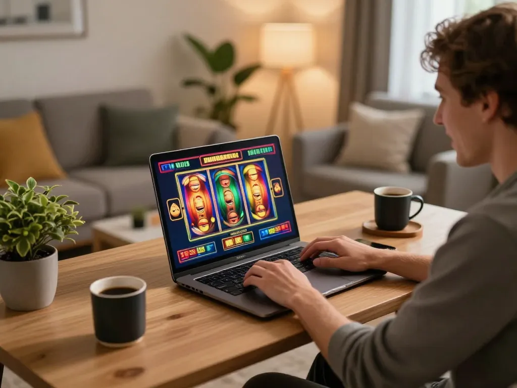 Pemain Bintangmpo menikmati slot online di rumah dengan gulungan menarik yang berputar, menampilkan suasana permainan yang menyenangkan dan bertanggung jawab.
