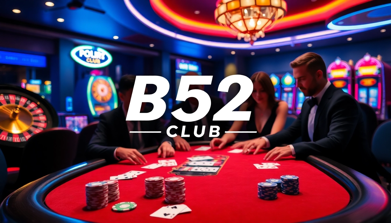 A lively poker game at B52 CLUB, showcasing colorful chips and cards in a luxurious atmosphere.