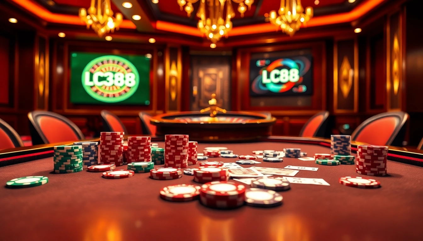 Experience the excitement of LC88 at a vibrant poker table with chips and cards.