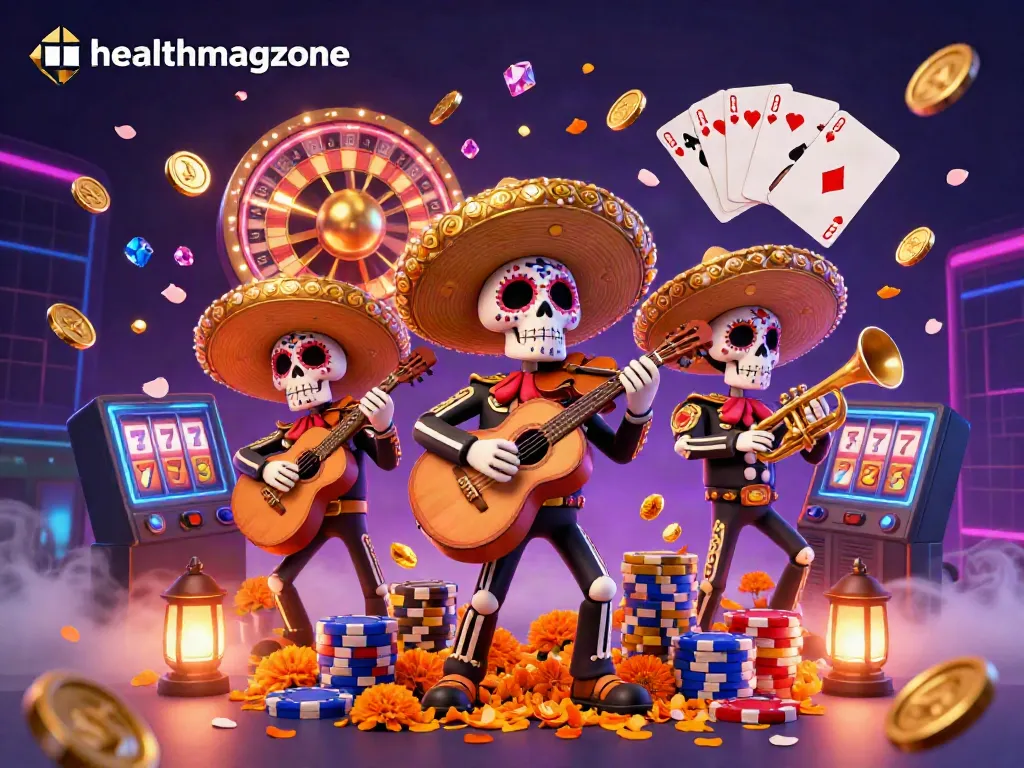 Menangi slot dengan pengalaman menarik di healthmagzone, sambil dikelilingi oleh koin emas dan karakter mariachi ceria.