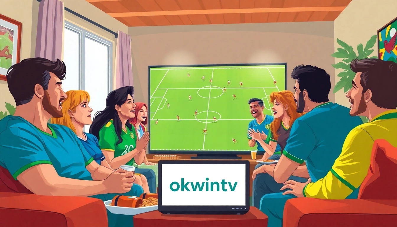 Excited fans enjoying a football match on OKWINTV in a lively living room.