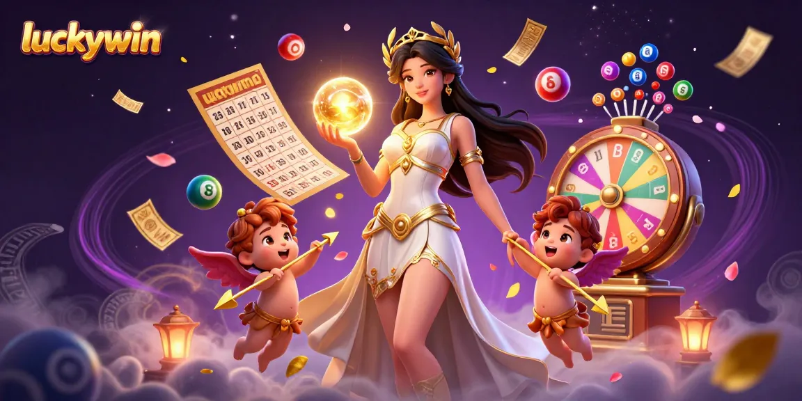 Experience the excitement of luckywin with dynamic casino elements and a captivating goddess illustration.