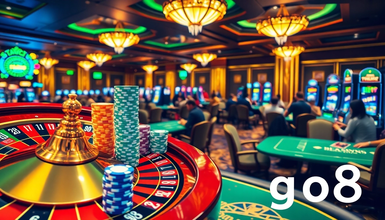 Experience the exciting atmosphere of go8 casino with a vibrant roulette wheel and poker games.
