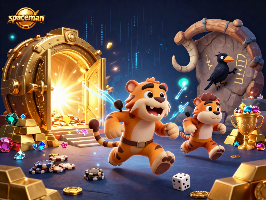 Spaceman and friends enjoy thrilling casino games with vibrant golden treasures in the scene