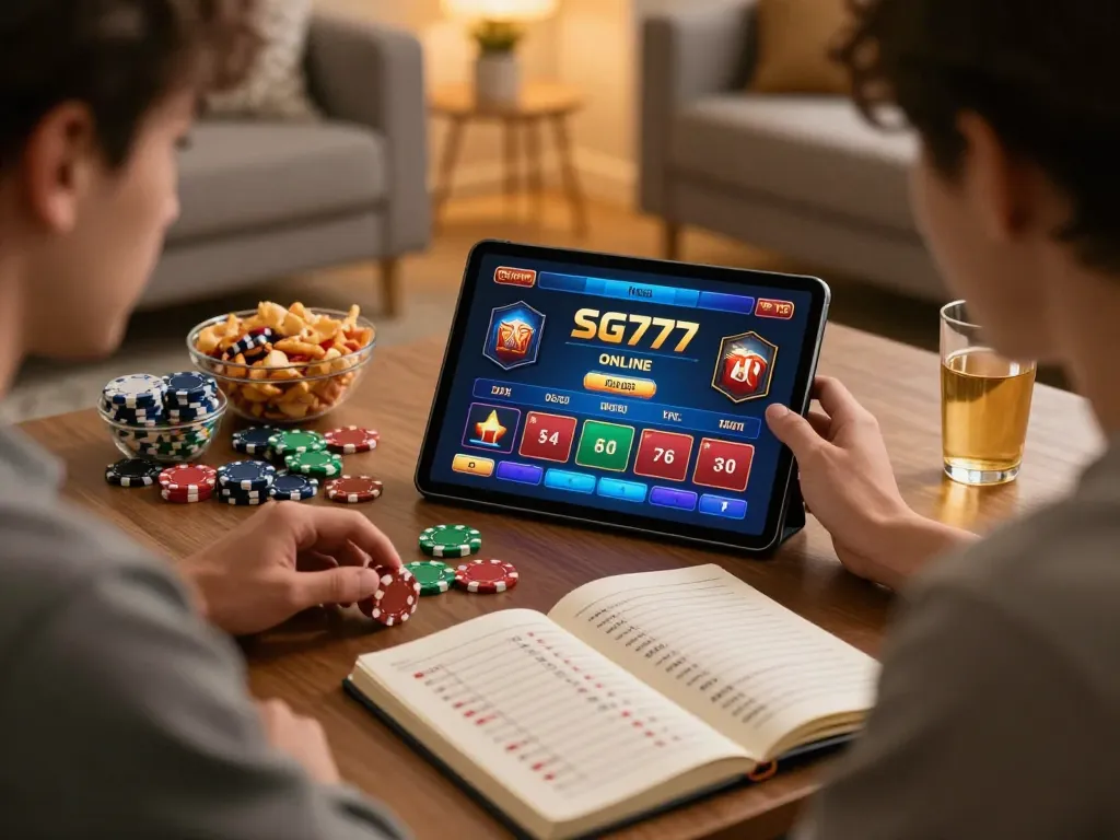 Player engaging with SG777 online casino app while focused on strategy notes and casino chips.