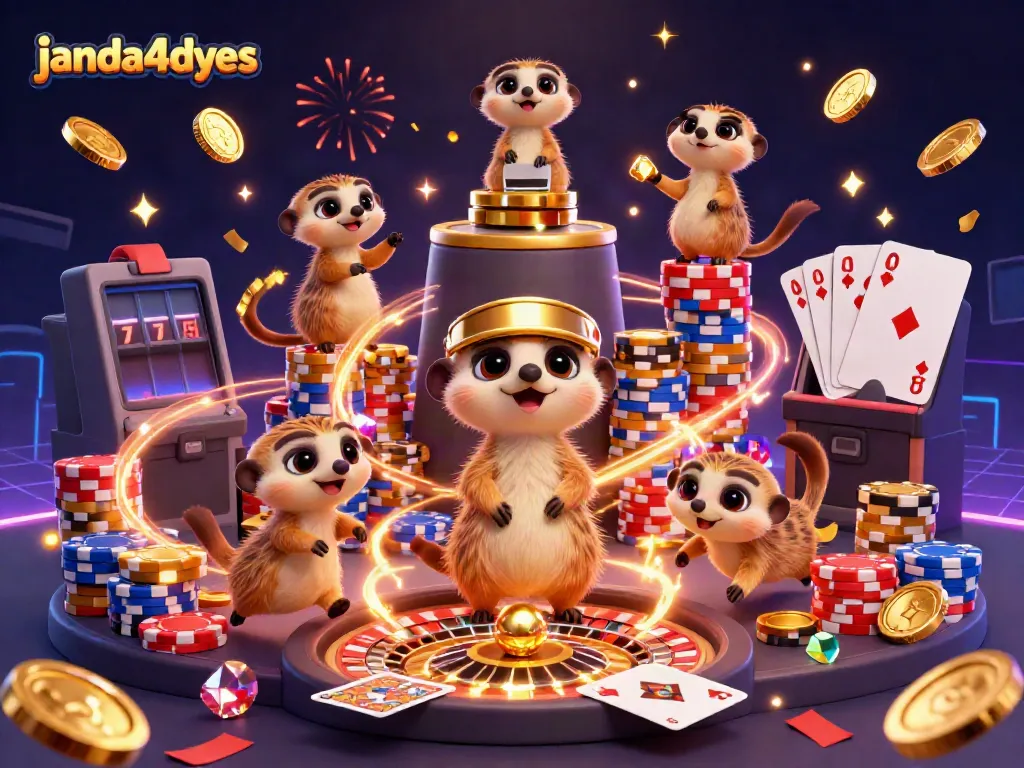 Game seru di janda4dyes dengan koloni meerkat di kasino, dikelilingi koin emas dan permainan